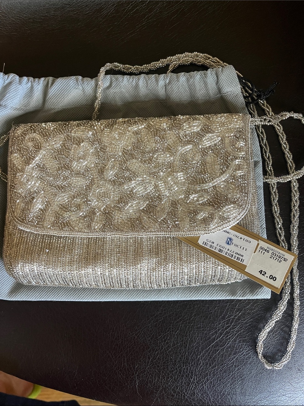 La Regale Silver Beaded Evening Clutch with Chain Strap